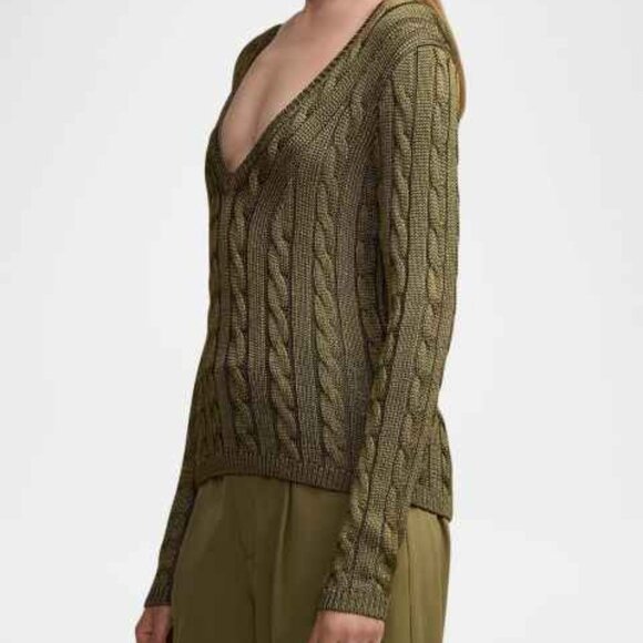 SOLDRalph Lauren Black Label 100% Silk Cable Knit V Neck Sweater, Military Green - Picture 10 of 14